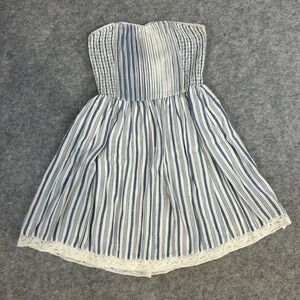 Aeropostale Womens Strapless Smocked Dress Blue White‎ Stripe Lace Trim XS